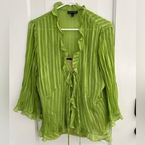Y2K Fashion Bug Chartreuse Ruffle-Front Sheer Blouse